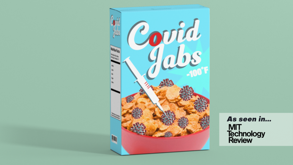 a cereal box reading covid jabs